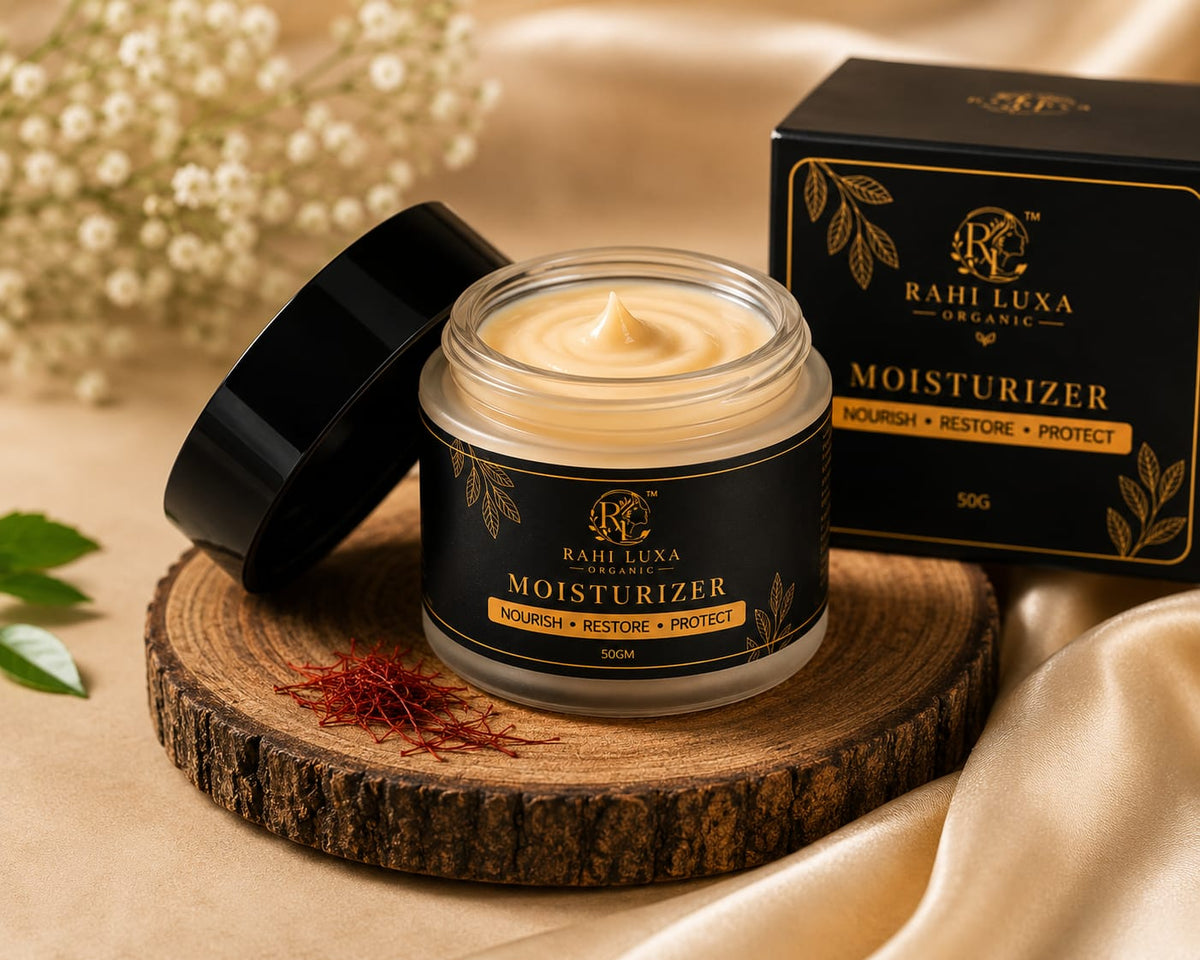 A jar of Rahl Luxa Organic Moisturizer with cream-colored product inside, shown next to its black and gold packaging box on a rustic wooden slice with dried flowers and satin fabric in the background.
