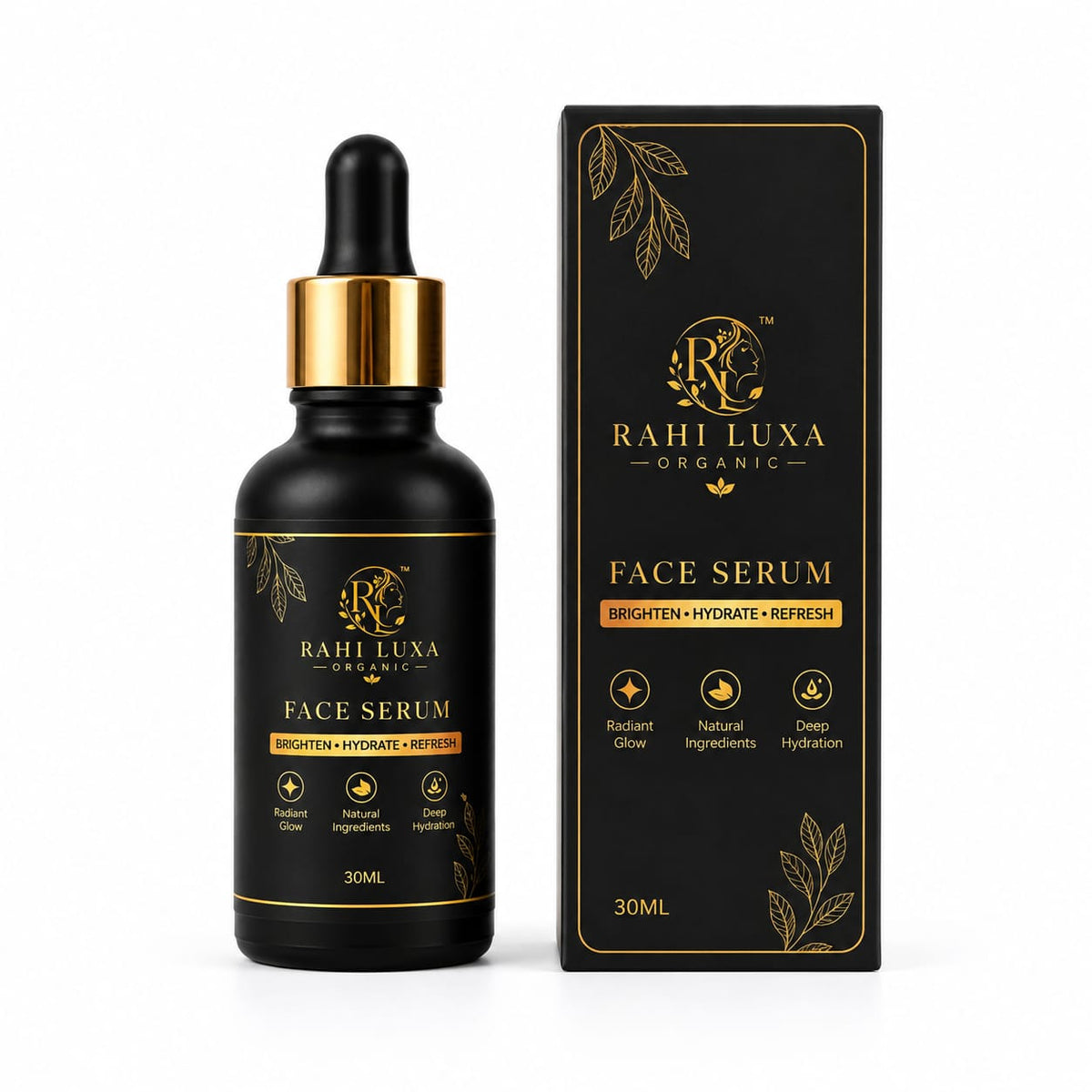 A black glass dropper bottle of Rahi Luxa Organic Face Serum with a gold collar, shown next to its black and gold retail box on a white background.